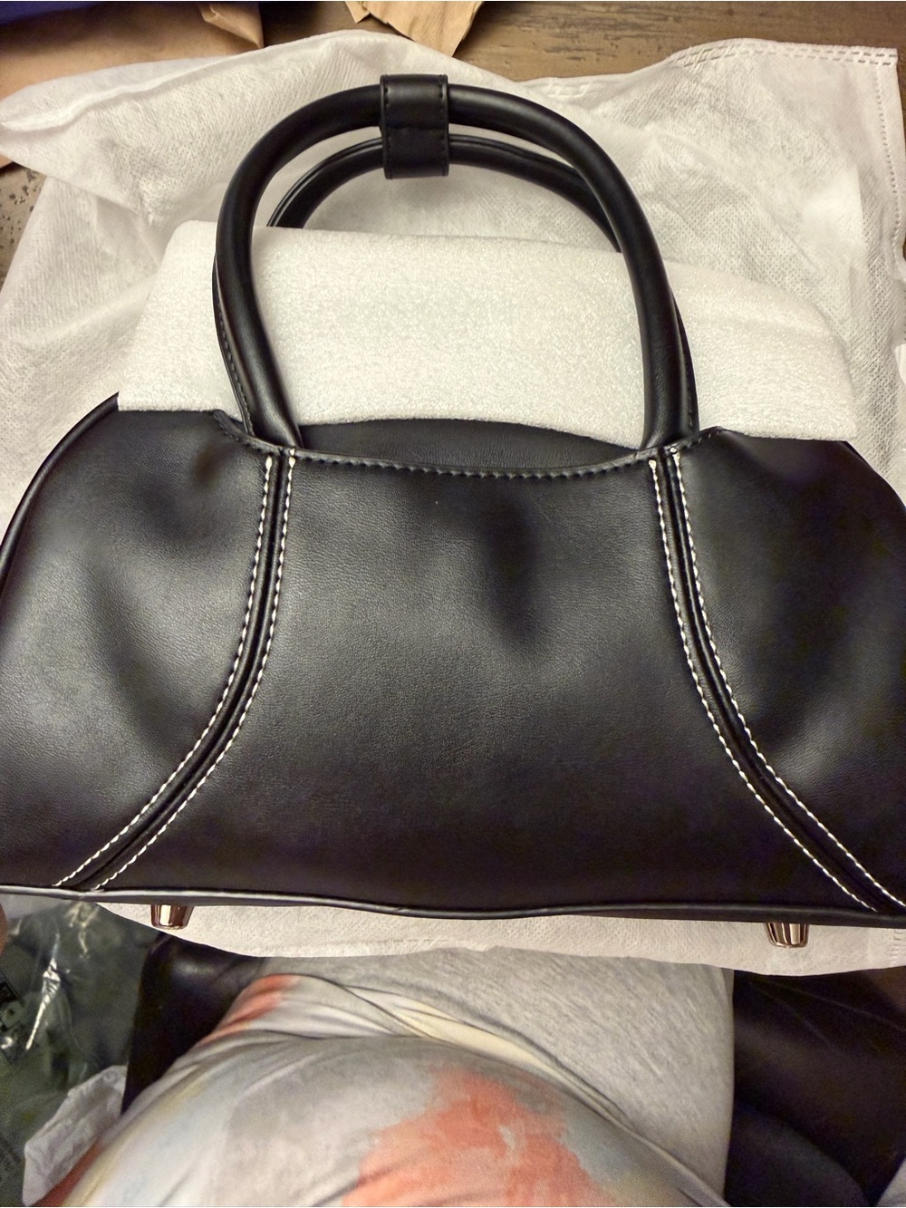 Women’s Black Top-Handle Satchel with Contrast Stitching